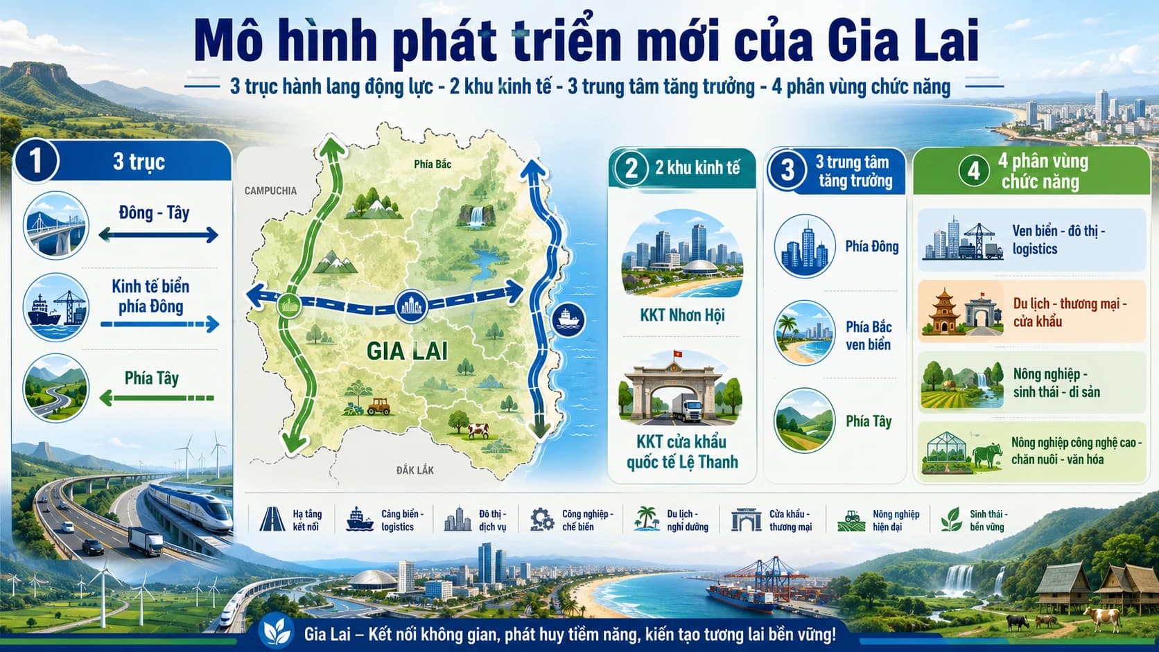 Gia Lai định hình không gian phát triển mới theo mô hình 3 trục, 2 khu, 3 trung tâm, 4 phân vùng